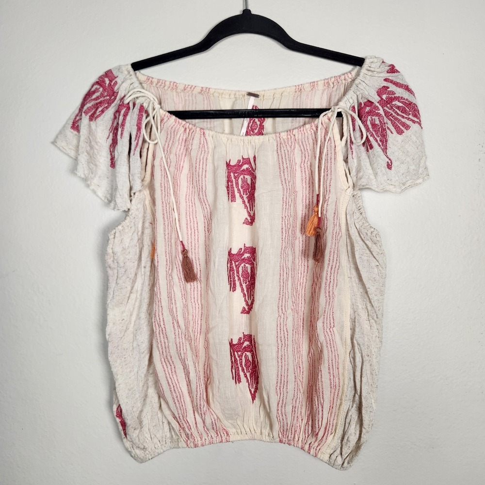 Free People Womens Small Pukka Tee Embroidered Cotton Sand Tassel Pullover Top